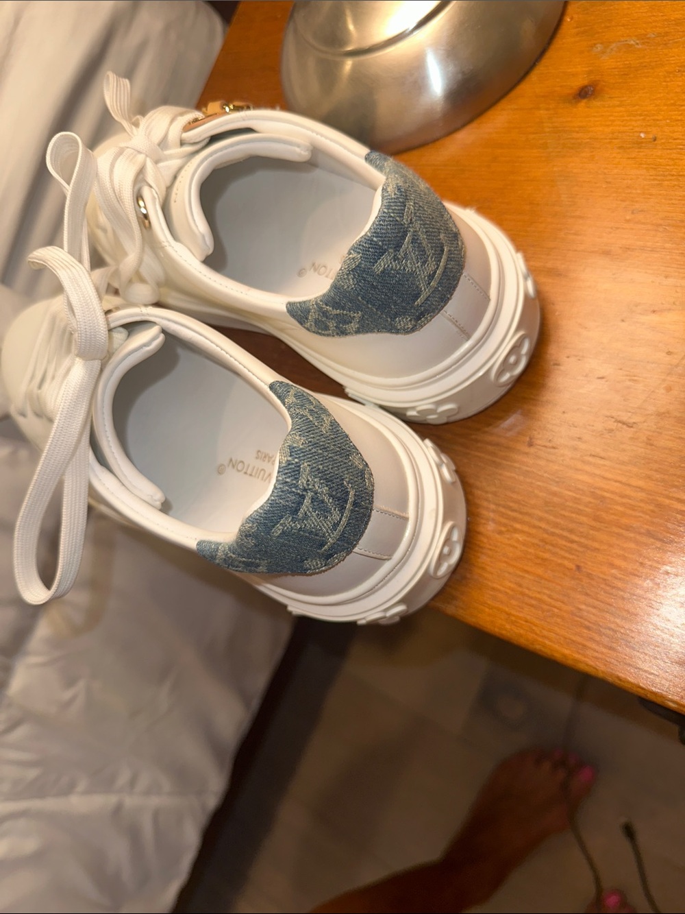 Louis Vuitton White Leather Low-Top Sneakers with Gold Accents - Picture 6 of 17